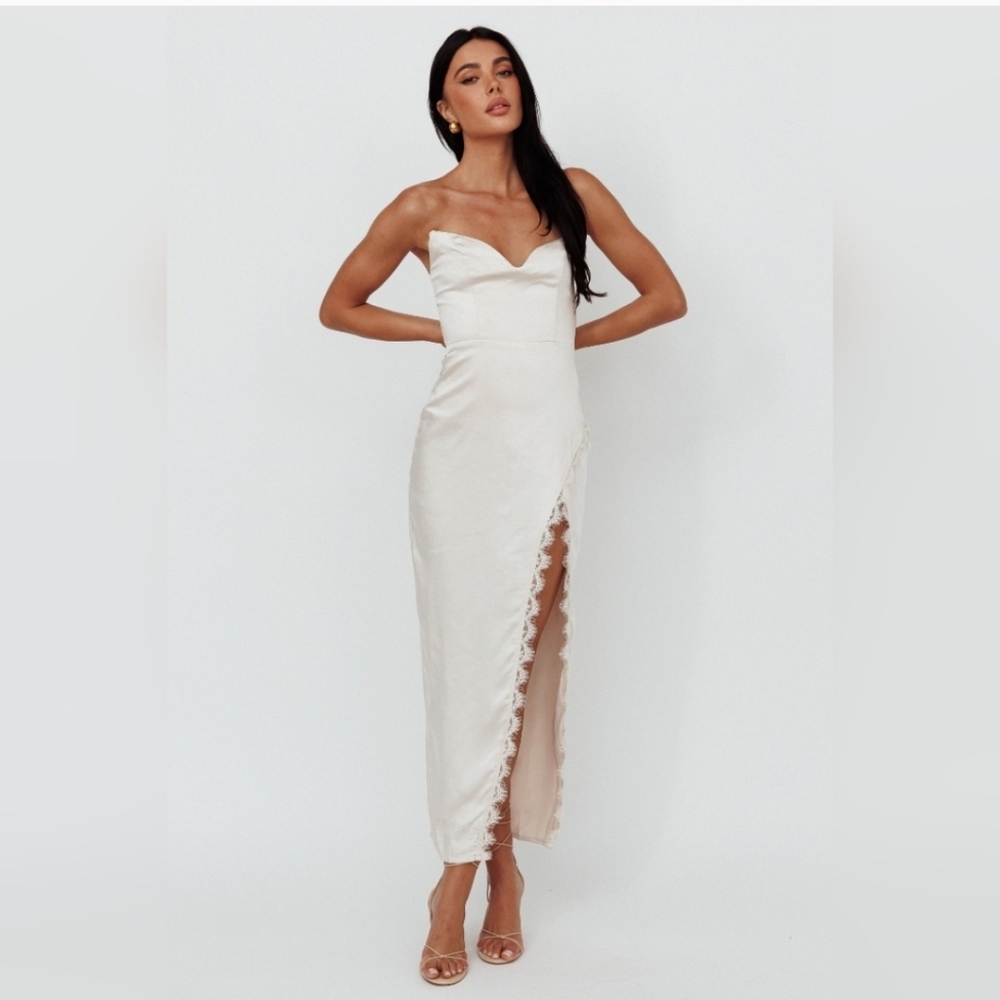 Saints & Secrets Winter Moon Champagne Satin Strapless Lace Trim Slit Midi Dress - Picture 4 of 14